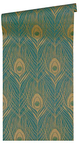 Architects Paper Vliestapete Absolutely Chic Tapete mit Pfauen Feder 10,05 m x 0,53 m metallic grün braun Made in Germany 369714 36971-4