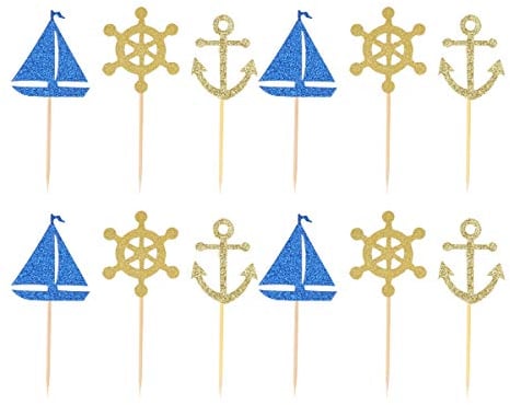 Toyvian Boat Cake toppers, 24pcs Rudder Anchor Boat Cake Decorations - Nautical Anchor Cupcake Toppers Sailing Theme Cupcake Picks for Hawaiian Theme Baby Shower, Birthday Party, Weeding