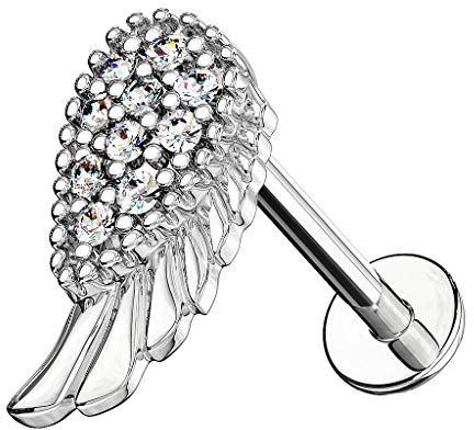 Piercingfaktor Universal Piercing Tragus Helix Ohr Cartilage Stab Labret Stecker Madonna Lippenpiercing Lippe mit Kristall Engelsflügel Silber 6mm