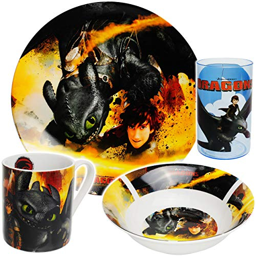 alles-meine.de GmbH 4 TLG. Geschirrset - Porzellan/Keramik - Dragons - Drachenzähmen leicht gemacht - Trinktasse + Teller + Müslischale + Trinkbecher - Kindergeschirr - Frühstü..