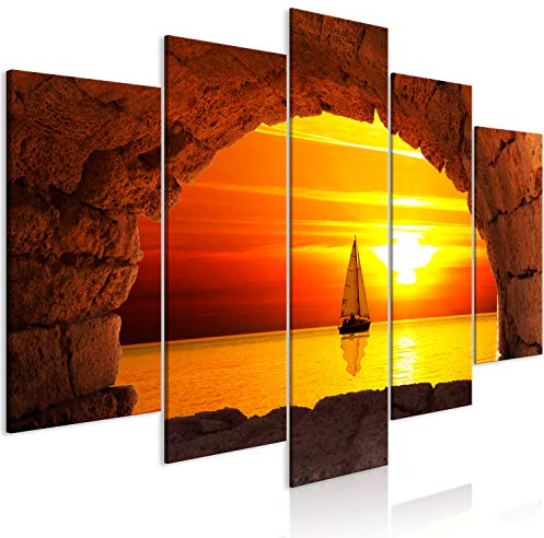 murando - Bilder Meer 200x100 cm Vlies Leinwandbild 5 tlg Kunstdruck modern Wandbilder XXL Wanddekoration Design Wand Bild - Segelboot Fensterblick Sonnenuntergang Landschaft