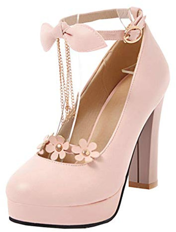Birdsight Sweet Plateforme Escarpins Femme Talon Bloc Haut Carrés Bride Cheville Boucle avec Noeud Fleur Chaussures Rockabilly Bout Rond Pendentif Chunky Heels Sexy Soirée(Rose.36)