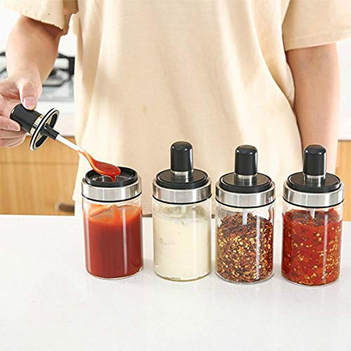 Lankater Verre Spice Jars avec Cuillère, Mason Stockage Récipient sous Pression, Bouteille Transparente Condiment Alimentaire avec Couvercle Inoxydable Vis en Acier, Sel Et Sucre Ketchup Pot Canning
