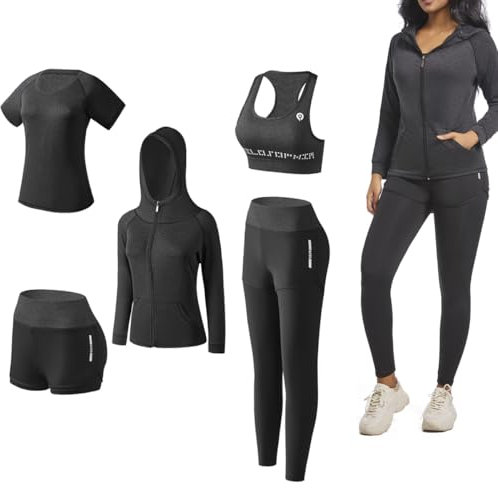 ODWTMRK Ensembles de Sport Femme Survêtement 5 Pièce Sportswear Costumes de Sport Gym Yoga Athletisme Fitness Jogging Tenue de Sport (Noir,M)