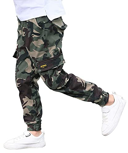 Rolanko Camouflage Hose Für Jungen, Kinder Outdoor Cargohose Mit-Taschen Mit Elastischem Bund, Camouflage, Etikettengröße: 170, 13-15 Jahre