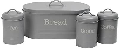 EHC 4 Piece Kitchen Storage Tight Fitting Lids - Countertop Space-Saving, Includes Bread Bin, Tea, Coffee & Sugar Caddy Tins Containers Canister Storage Jars Pots Set, Grey