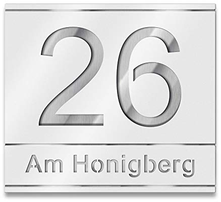Metzler Numero civico in inox, targa personalizzata in bianco segnaletica con numero e nome della via tagliati al laser. Inossidabile, effetto 3D, incl. incisione, dimensione: 25 x 22,2 cm