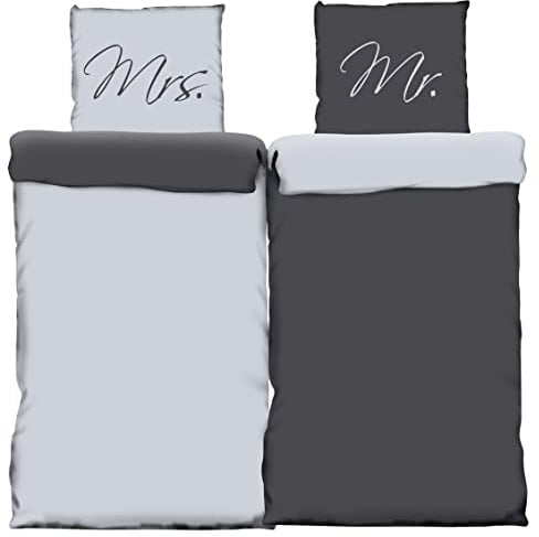 4 teilig Partner Bettwäsche 135x200 cm Mr and Mrs Silber grau Wende Mikrofaser Geschenke für Frauen oder Männer
