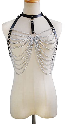 Damen Punk Taillengürtel Leder Schwarz Gothic Gürtel Körperketten Geschichtet Taillenkette Brust Kette BH Gürtel Einstellbar Nachtclub Körperschmuck Halsband Körperzubehör für Frauen Halloween Kostüm