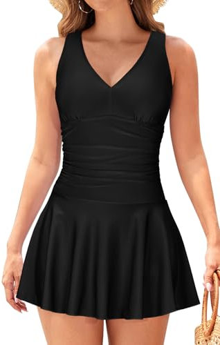 SHEKINI Cuello en V Mujer Bañador con Falda Tirantes Anchos Traje de Baño Elegante Ruched Control Abdomen Tankini Falda de Baño de Una Pieza(L, Negro)