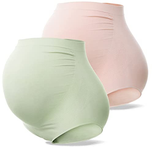 SUNNYBUY Women's Maternity High Waist Underwear Pregnancy Seamless Soft Hipster Panties Over Bump, 1green 1skin-2pack, M
