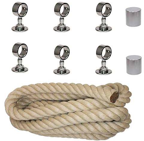 Handlaufseil Set 30mm - bestehend aus 2 Endkappen 6 Seilträger verchromt und 6m Nature Touch Handlaufseil naturfarben
