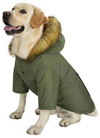 Daunenjacke für große Hunde, mit Kapuze, wasserdicht, reflektierend, warm, dick gepolstert, für mittelgroße und große Hunde, mit echter Tasche (38)