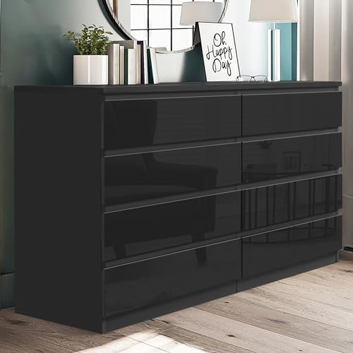 Blisswood High Gloss Chest of Drawers 8 Drawer Bedroom Large Storage Unit with Metal Runners, Black Dresser cabinet for Clothes Living Room Bedroom Nursery or Office Furniture (40D x 120W x 97H cm)