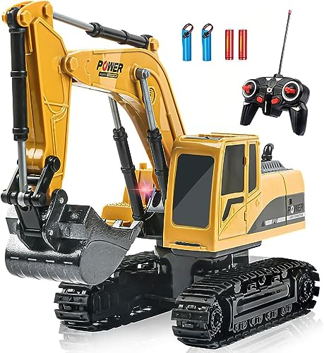 Daioller Excavatrice RC Jouet pour garçons,véhicules de Construction télécommandés,Pelle hydraulique pour Enfants,Camion d'ingénierie avec 2 Batteries Rechargeables,Pelle en métal,lumières/Sons