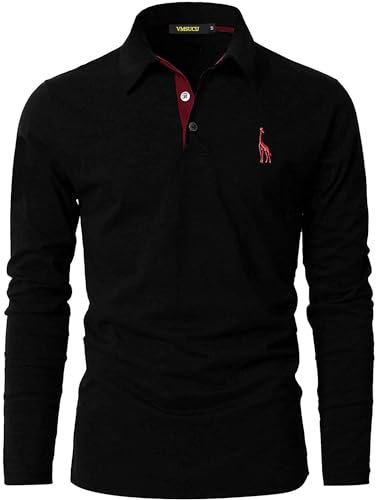 VMSUCIJ Poloshirt Herren Langarm Baumwolle Casual Slim Fit Giraffen Stickerei Männer Hemd T-Shirt Golf Sports Polohemd,Schwarz 09,L