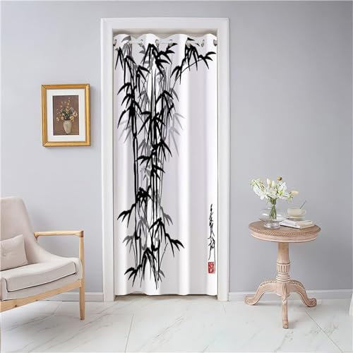 Odot Rideaux de Porte à Oeillets, Motif Feuilles de Bambou Rideau de Porte Interieur Occultant Rideau de Séparation de Pièce Rideau de Porte à Isolation Thermique (120x200cm,Style Chinois)