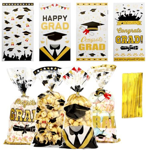 Leislam 100 Stück Geschenktüten zum Schulabschluss mit Bindebändern, 4 Designs von Abschlussfeiern, Geschenktüten aus Zellophan, Geschenktüten für Abschlussfeiern, Partyzubehör