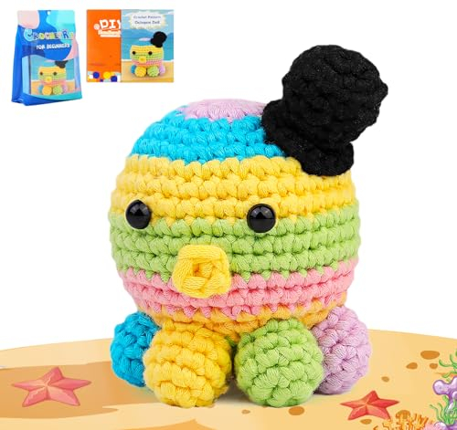 ilauke Einsteiger Häkelset für Anfänger mit kinderleichtem Garn, Komplettes Häkelnadel Set mit Polyesterfaserfüllung Handnähnadel Stichmarkern, Anleitung für Kinder Erwachsene DIY (RegenbogenOktopus)