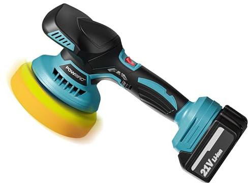 POWRIFIC Poliermaschine Auto 21V Kabelloses DA Polierer-Kit - 2500-5000 RPM, 6-Geschwindigkeiten, Anti-Rutsch, Ideal für Auto Polieren