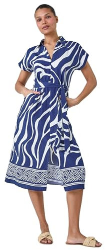 Roman Shirt Dress for Women UK Ladies Short Sleeve Sleeveless Belted Collared Midi Maxi Summer Spring Smart Casual Button Evening Office A Line Swing Skater - Navy & Ivory - Size 14