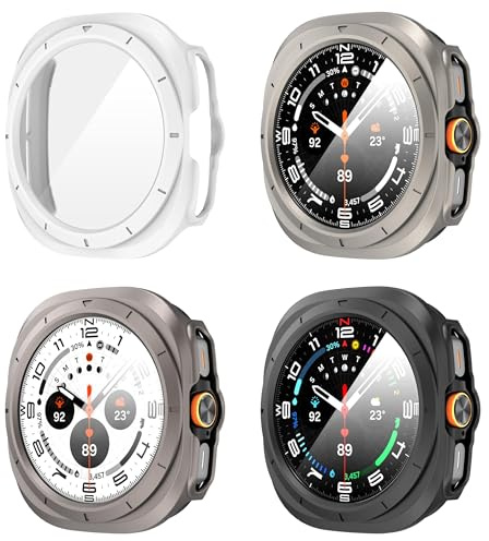 Diruite 4 Piezas Funda para Samsung Galaxy Watch Ultra 47mm(2025/2024) Protector Pantalla Cristal Templado Incorporado,HD Protección Completa PC Dura Estuche Protector