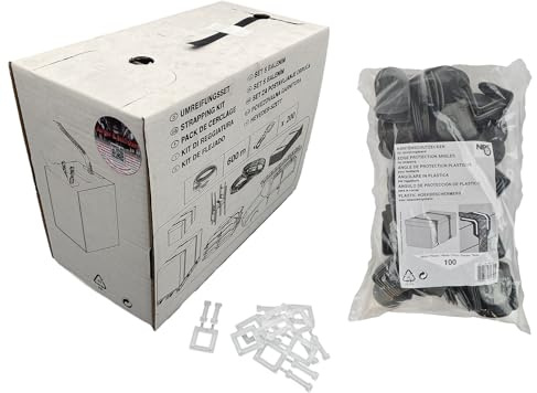 Berger & Schröter | Bundle Umreifungsset (600 m PP-Umreifungsband + 200 Kunststoffklammern) + 100er Pack Kantenschutzecken Umreifung von Paletten, Kartons, Waren mit Kantenschutz