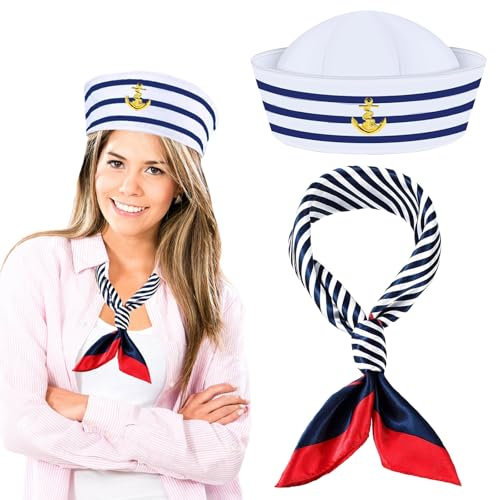PPGGOPP Matrosenmütze und Schal Set, 2pcs Matrosen Hut Matrosen Schal,Kapitän Matrosen Kostüm Set, Matrosen Accessoires, Matrosen Kostüm Accessoires Damen und Herren für Verkleidungsparty