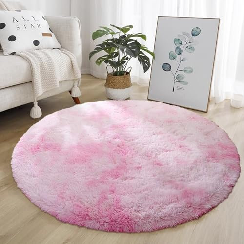 AIMECO Schlafzimmer Bereich Teppich, (Durchmesser 120cm) Nachttisch Shag,Flauschigen Teppich, Wohnzimmer, Kinderzimmer, Mädchen Schlafzimmer, Krawattenfarbe rosa