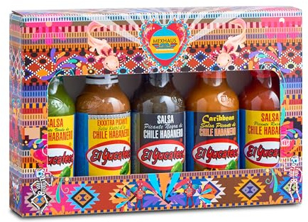 Scharfe Saucen Geschenkset Mexhaus- El Yucateco mit 5 pikanten Chili-Saucen 100% Mexiko. Habanero rot, grün, Black, caribbean und extrascharf Kutbil