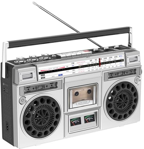 SUPER FOREST Vintage Radio Retro CD Player Boombox with AM/FM Radio 3.5mm Headphone Jack Support SD/USB Input Built-in Speaker Classic 80S Style Cassette Recorder for Family Gathering Travel silver
