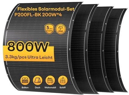 Flexibles Solarpanel 4x200W | Voc 18,55 V · Isc 13,7 A · Vmp 15,3 V · Imp 13,1 A | Monokristallin, Glasfaser-Laminat | Leicht & Biegbar | Ideal für Balkon, Dach & Gartenzaun | Junction Box hinten