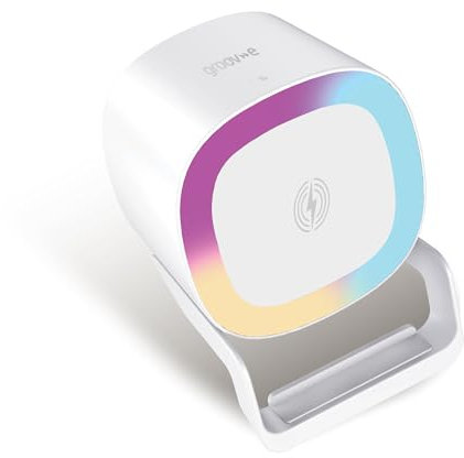Groov-e Iris - Wireless Charging Stand with 5W Speaker and RGB LED Lighting, Bluetooth Connectivity, Dual-Position Smartphone Stand, USB Operated