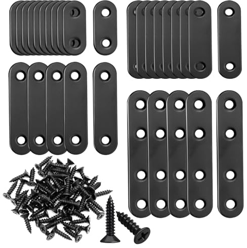 mankk 86PCS Black Straight Flat Metal Bracket Mending Plates Stainless Steel Flat Brace Brackets Fixed Connecting Plate for Wood Repair Fixing