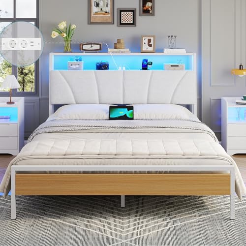 Brinlawb Cadre de Lit 140 x 190 avec Sommier en Métal, Lit 2 Personnes avec Lumières LED et Multiprise (2 Prises AC,2 Ports USB) lit Double 140x190cm avec Rangement, Facile à Assembler, Moderne, Blanc