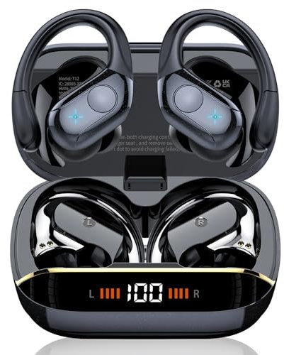 Cuffie Bluetooth, Auricolari Bluetooth 5.4 con Stereo HiFi, 75 Ore Display LED Auricolari Wireless con ENC Mic, IP7 Impermeabili Cuffiette Wireless con Gancio, Cuffie Senza Fili Sport Running, Nero