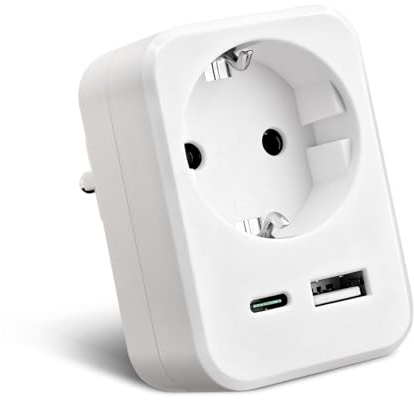 EXTRASTAR Steckdosenadapter mit PD 20 W USB‑C und USB‑A zum Schnellladen | 3-in-1 EU Stecker Adapter zum Schnellladen mit Kindersicherung, Steckdose für Büro, Reise und Haushalt, Weiß