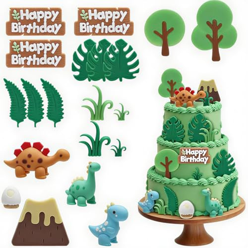 HENGBIRD Dinosaurier-Kuchendekorationsset, 18-teilig, 3D-Figuren aus lebensmittelechtem Silikon, Vulkan & Vegetation, wiederverwendbar, BPA-frei, garantierter Fotoeffekt