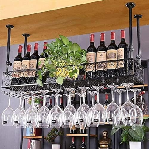 Porte-Verre à Vin Bouteille Renversée Porte-Bouteille Porte-vin en Métal Fer Suspendu Porte-Verre à Vin Étagère De Décoration De Plafond pour Bars Restaurants Cuisines, 80cmx25cm