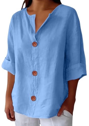 Uwdiohq Chemises en Lin pour Femmes, été, Coton et Lin, col V, Manches 3/4, Amples, Vacances, Plage, Chemisiers, Tuniques Tuniques pour Femmes Habillées Décontractées Manches Longues Chemisier