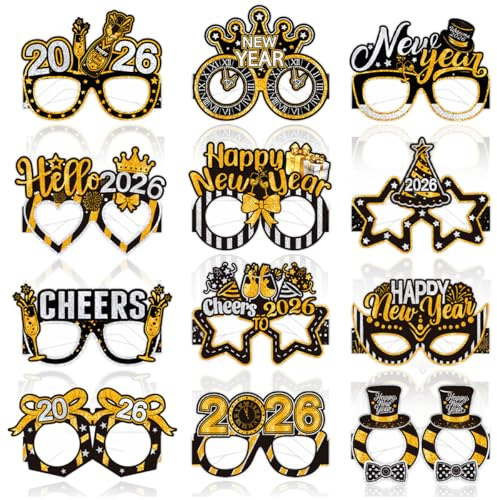 New Year’s Eve Glasses Party Supplies 2026, Kaluofan 12 PCS of Glitter Happy New Years Glasses Photo Props Decorations 2026, Funny New Year Selfie Props for Festival Party（Paper)