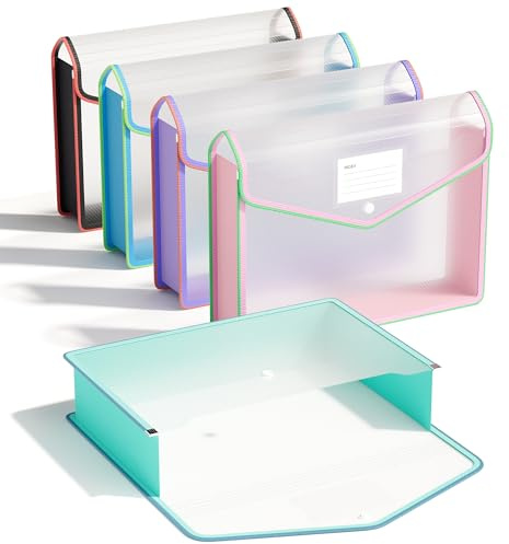 ThinkTex A4 Plastic File Folder, 5 Pcs Document Folder Transparent envelopes with Snap Closure, No Dividers, Large Capacity, Assorted Colors, for School Office Home (Transparent)