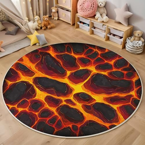 ALTCIRNMD Lava-Textur Runder Teppich 60Cm,Haustierfreundlich Nicht Fusselnd Cartoon-Kunst Rund Teppich,Waschbare rutschfest Rot Und Gelb Teppiche Für Schlafzimmer Kinderzimmer Fußmatte