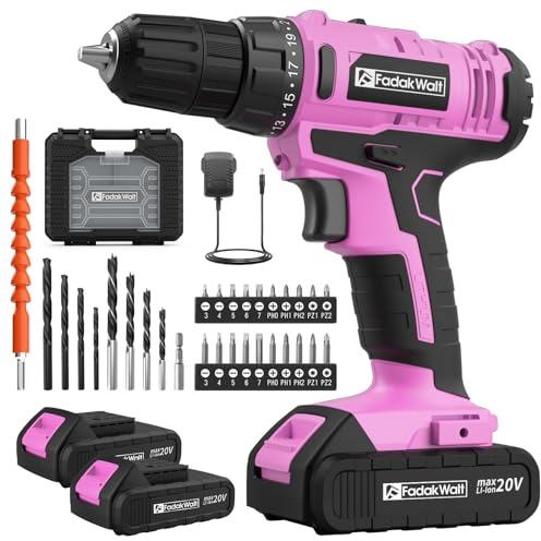 FADAKWALT 20V Cordless Drill, 2 Batteries Electric Screwdriver with case, 21+1 Torque, 2 Speed,30Nm Power Drill Driver, 3/8 Keyless Chuck, with LED Light, Drill Driver Kit for Home（Pink）