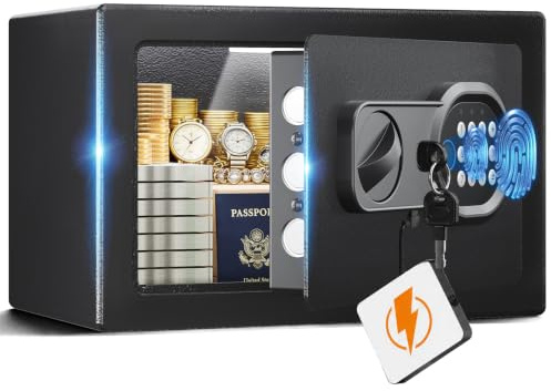 GTPLAYER Tresor für Zuhause, Mini Sicherheitstresor LED-Beleuchtung mit Fingerabdruck, Zahlencode, Notschlüssel & Alarmfunktion – Elektronische Verriegelung für Bargeld Dokumente (6.8 L)