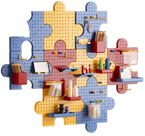Organisateur de panneau perforé avec crochets, étagères, boîtes 33, 1x9, 4 pouces | Installation sans perçage, disposition de puzzle personnalisée, rangement et décoration pour chambre d'enfant/bureau à