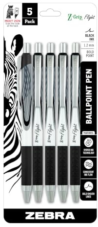 Zebra Pen Z-Grip Flight Retractable Ballpoint Pen, Bold Point 1.2mm, Black Ink, School Supplies, Teacher Supplies, and Office Supplies, Smooth Writing, Quick-Drying, 5-Pack (21915)