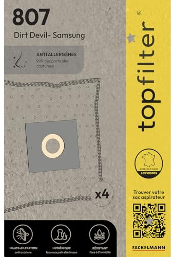 TopFilter 64807 Lot de 4 sac aspirateur Dirt Devil Samsung, sac aspirateur, poche aspirateur, accessoire aspirateur, Non tissé polypropylène, Caoutchouc, Carton, 30 x 26 cm