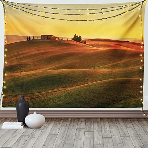 ABAKUHAUS Land Wandteppich und Tagesdecke, Mittelmeer Old House aus Weiches Mikrofaser Stoff Waschbar ohne Verblassen Digitaldruck, 230 x 140 cm, Orange Weiß