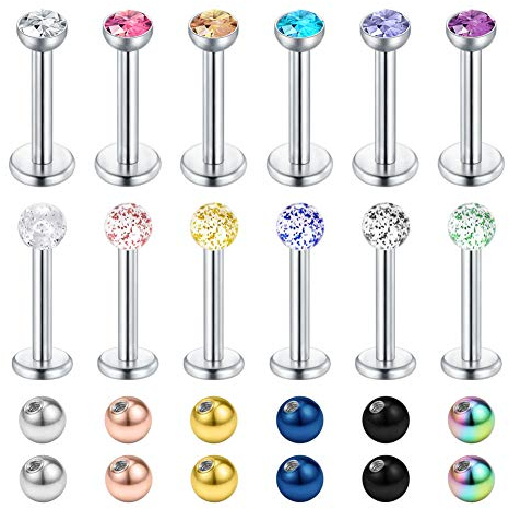 12 Stück Kugel CZ Gem Lippenpiercing 16G Chirurgenstahl Labret Monroe Lippe Ring Helix Tragus Ohrringe Piercing Schmuck mit Ersatzkugeln Stab 6mm/8mm